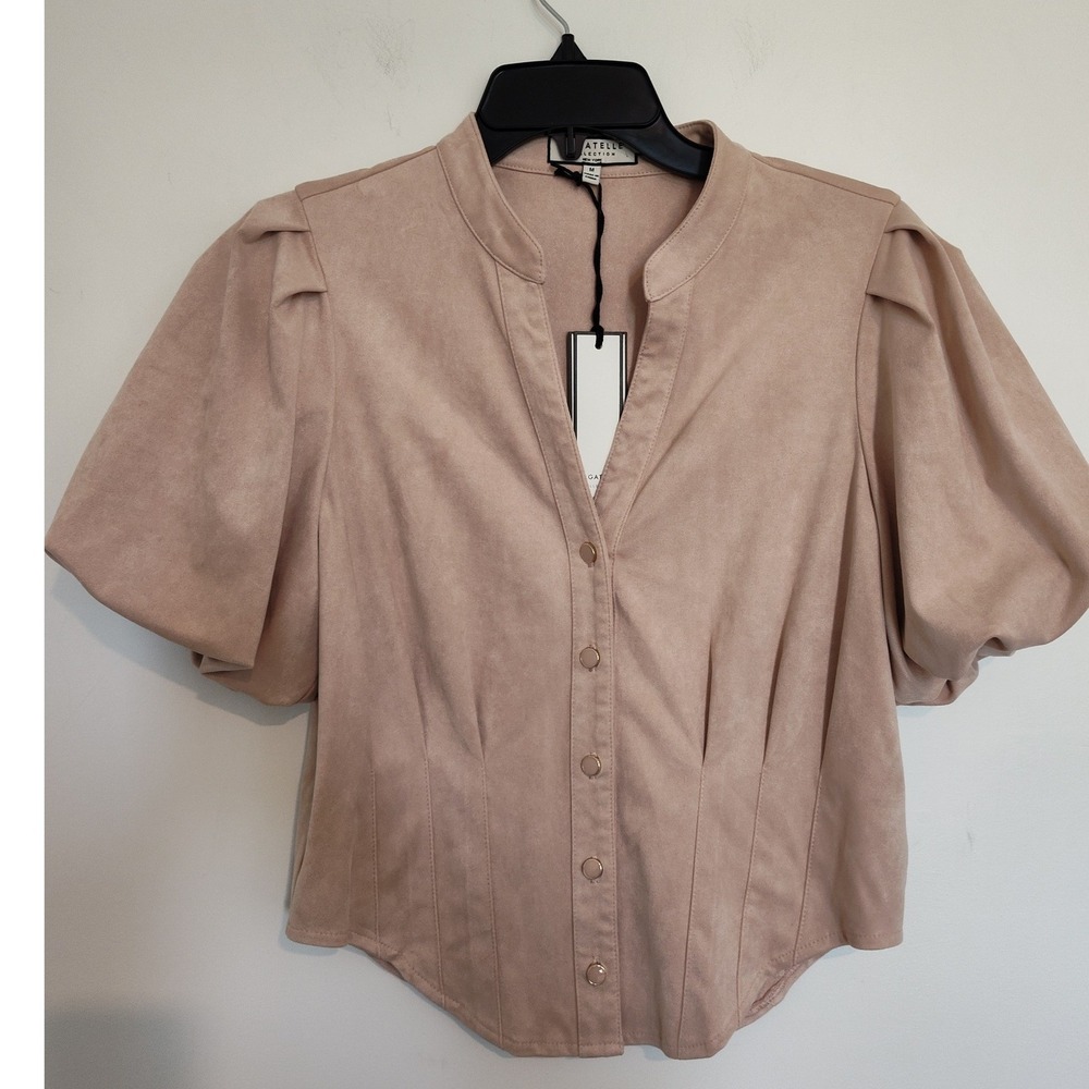 Bagatelle Collection Faux Suede Puff Sleeve Corset Top Blush Pink Medium NWT